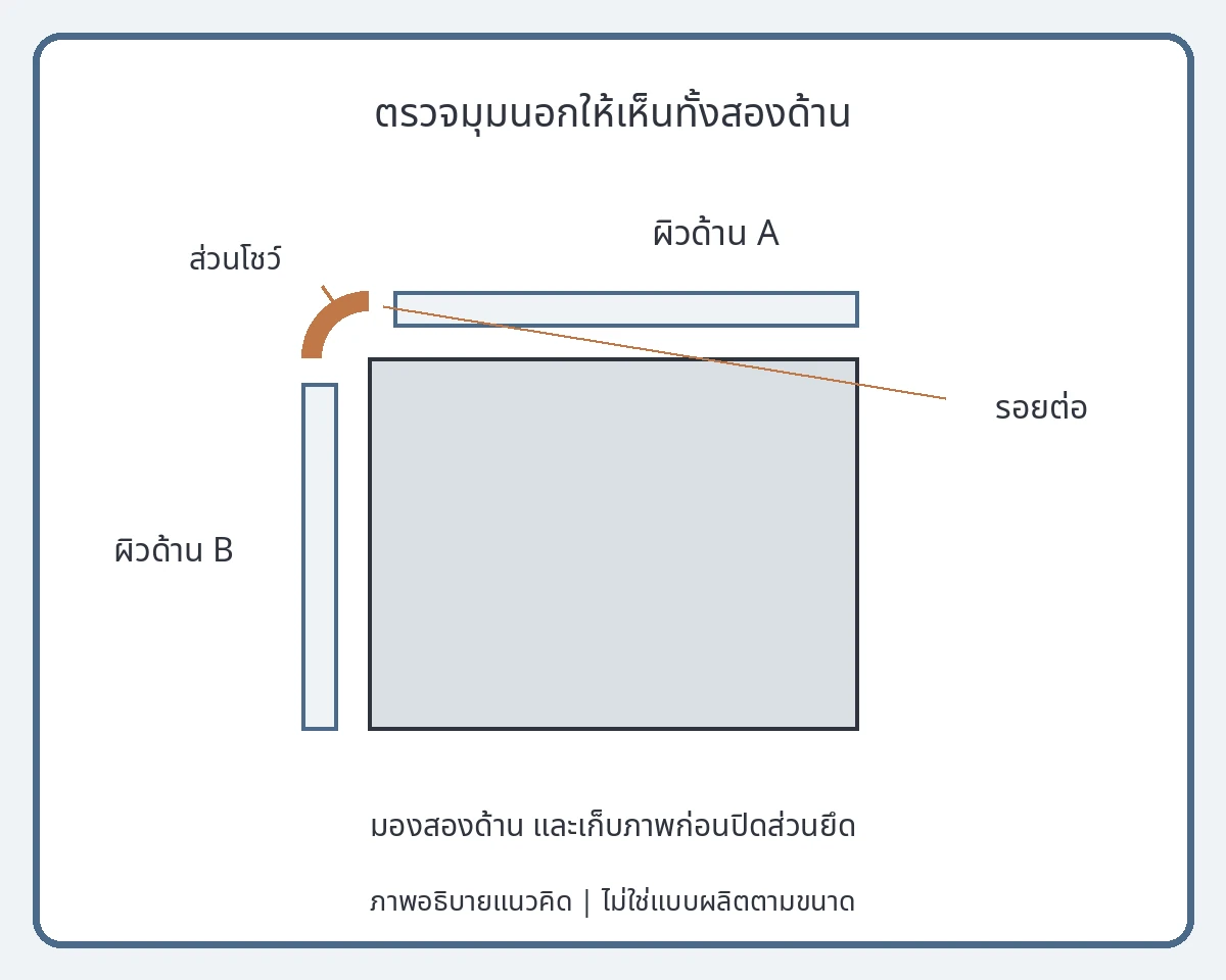 หน้าตัดแนวคิดมุมนอก แยกผิวด้าน A ด้าน B ส่วนโชว์ของคิ้วและรอยต่อ